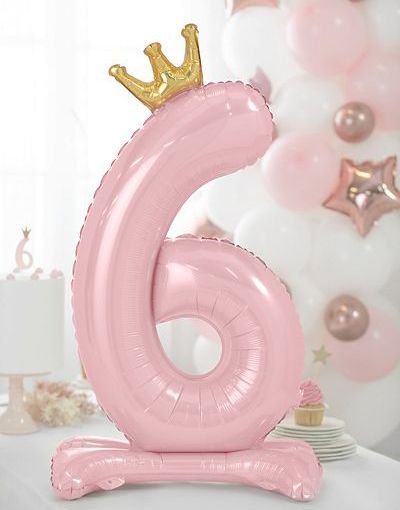 Partydeco Lys Rosa Stående '6' Folieballong med Krone 84 cm