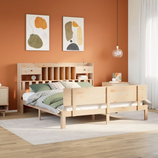 Seng med bokhylle uten madrass 200x200 cm heltre furu 8721158614872