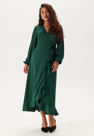 Happy Holly Wrap L/S Satin Maxi Dress Dark green 40/42 Happy Holly Wrap L/S Satin Maxi Dress Dark green 40/42