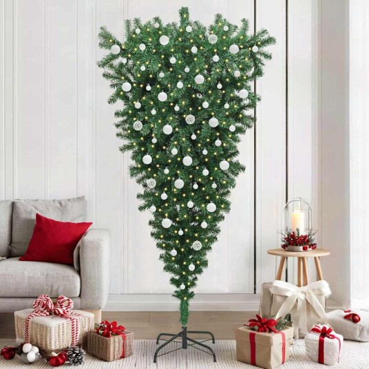 Opp ned kunstig juletræ med baller med 300 LED grønn 210 cm PVC