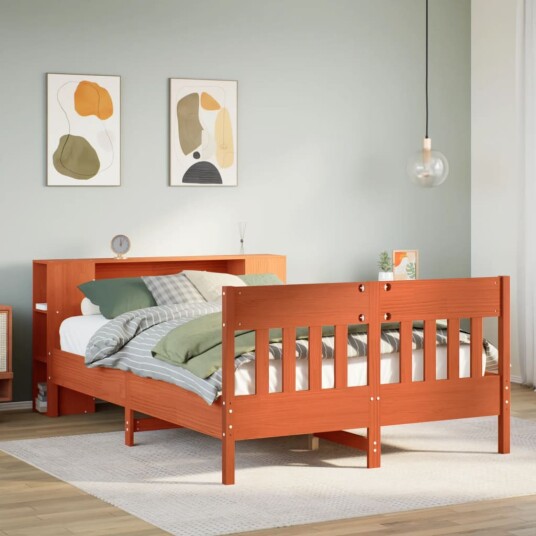  Seng med bokhylle uten madrass voksbrun 140x190 cm heltre furu 8721158619778