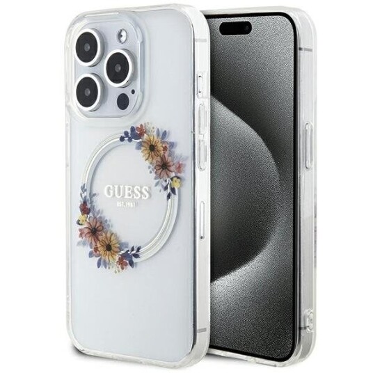 Guess Frontpaneldeksel til iPhone 15 Pro Max med MagSafe - Gjennomsiktig Flower Crown