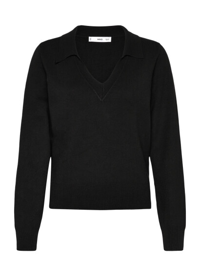 Mango Fine-Knit V-Neck Sweater - Black - XS