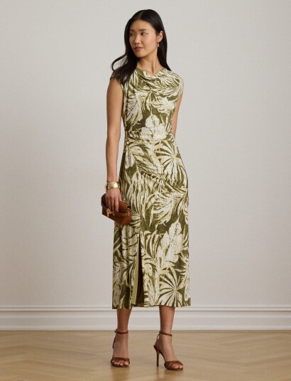 Lauren Ralph Lauren Palm Frond Print Jersey Cowlneck Dress Green 42