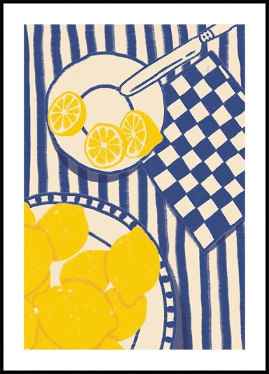 Lemon Sweetness Playful Mediterranean Kitchen with Blue Stripes Plakat Plakat / 30x40cm