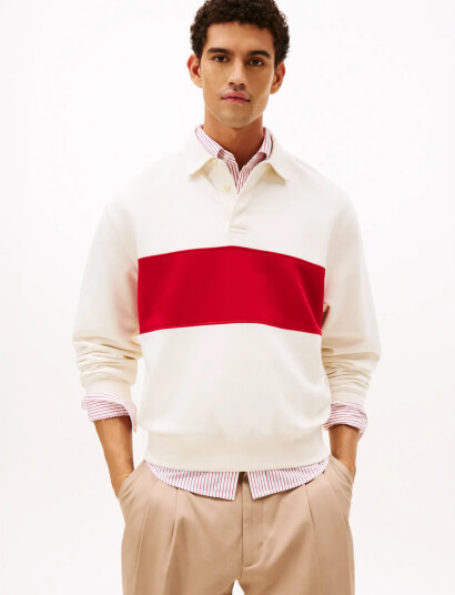 Tommy Hilfiger Ess Fleece Colorblock Rugby - Cream - M