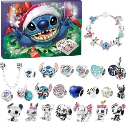 Stitch Julekalender Armbånd 2026 for Jenter 24 Dager Nedtellingskalender til Jul DIY Smykkelagingssett 22 Sjarmperler 2 Armbånd