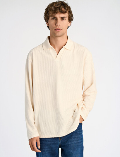 Lindbergh V-Neck Jacquard Polo L/S - Cream - XL Lindbergh V-Neck Jacquard Polo L/S - Cream - XL