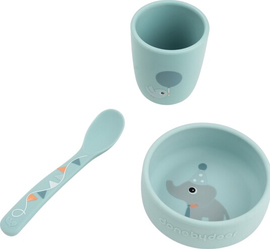 Done by Deer Stick&Stay First Meal Set Celebration Blue   Blue   BOWL:Ø 10X H 4.2CM.MUG:Ø 6.6X H 7.5CM.SPOON:14CM