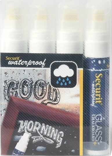 Securit Waterproof Glass + Chalkboard Markers Large Nib Wallet 4 Pack White Sma820 V4 Wt Hvit Blokk Luktfri 4 Stykker