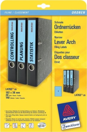 Avery Zweckform L4763 Blå 38 X 192 Mm 140 EtikettEr 20 Ark X 7 Filmappeetiketter