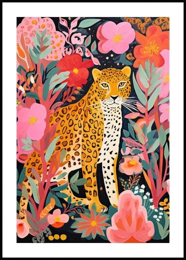 Colorful Leopard and Flowers Plakat Plakat / 100x150cm