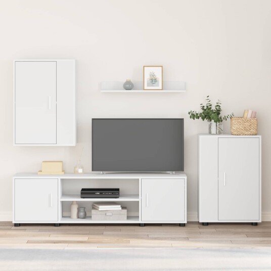  TV benksett Veggmontert 4 pcs Hvit Konstruert tre