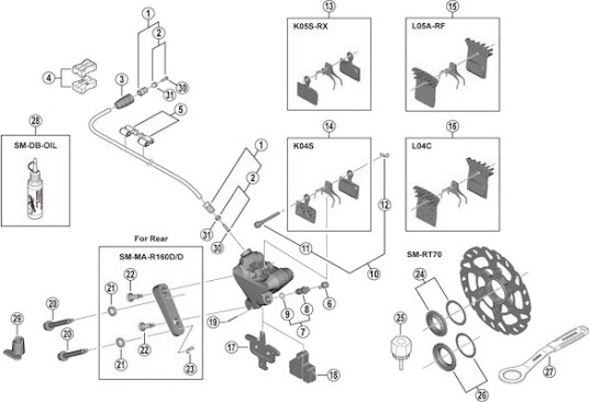 Shimano SLX bremseklossaksel og låseklips til bremsekaliper modell BR-M7110