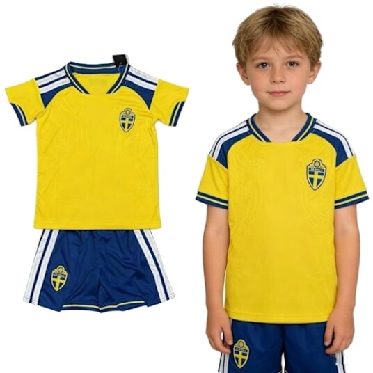 Pustende Sverige 2026 VM Fotballdraktsett for Barn Førsteklasses Gave til Sønnen Din Hjemmedrakt for Gutter med Shorts 16