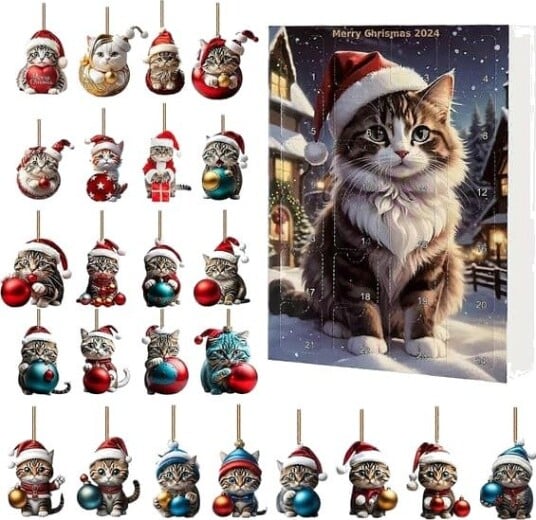 24 delers adventskalendersett   Katte tema ornamenter & Akryl juledekorasjoner