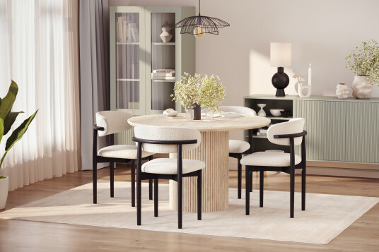 Scandinavian Choice Uppveda Rundt Spisebord 130 cm med travertin look med 4 stk Jaiveer Spisestoler Beige Scandinavian Choice Uppveda Rundt Spisebord 130 cm med travertin look med 4 stk Jaiveer Spisestoler Beige