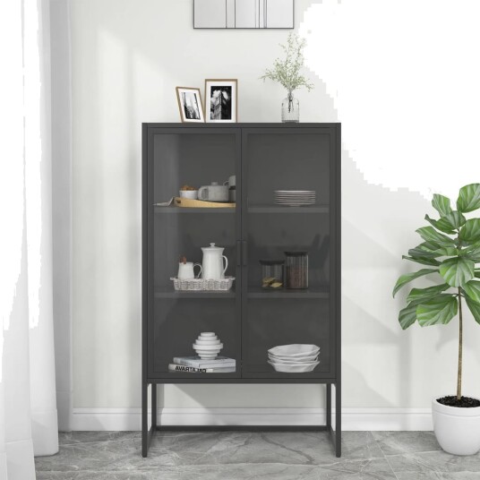vidaXL Highboard antrasitt 80x35x135 cm stål og herdet glass