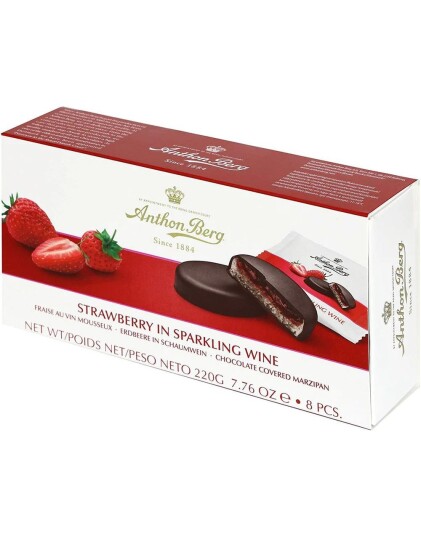 Anthon Berg Strawberry in Sparkling Wine Sjokoladedekket Marsipan og Jordbær 220 gram Anthon Berg Strawberry in Sparkling Wine Sjokoladedekket Marsipan og Jordbær 220 gram