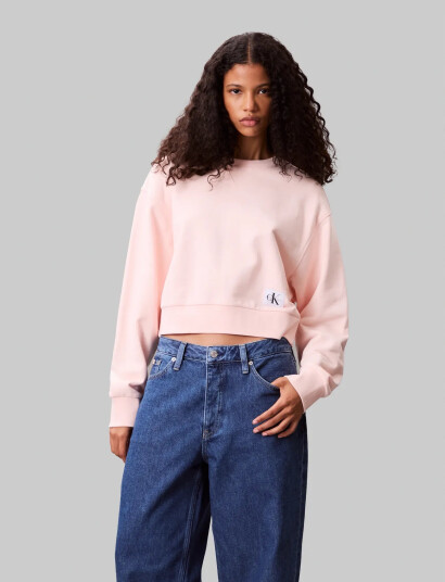 Calvin Klein Jeans A - Cropped Badge Logo Sweatshir - Cream - S