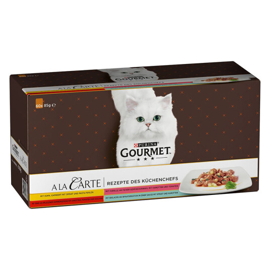 Gourmet Megapack Purina A La Carte 60 X 85 G Rezepte Des Küchenchefs: Huhn Rind Forelle Seelachs