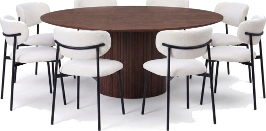 Spisegruppe Bark Kopparbo 180 cm Valnøtt Hvit bouclé/Metallben Svart Rund 8