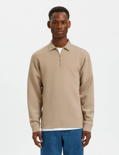 Selected Slhemanuel Soft Polo Zip Sweat Noos Beige S