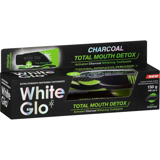 Tannbleking Tannkrem + tannbørste White Glo CHARCOAL Total Mouth Detox