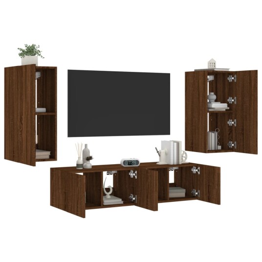 vidaXL Vegghengte TV-enheter med LED 4 deler brun eik konstruert tre 8721012472600