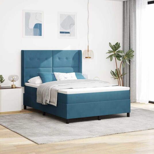 Box Spring Seng med Madrass og LED Mørk Blå 140x200 cm Fløyel