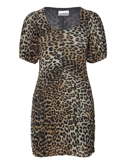GANNI Printed Mesh Puff Sleeve Mini Dress Brown 34 GANNI Printed Mesh Puff Sleeve Mini Dress Brown 34