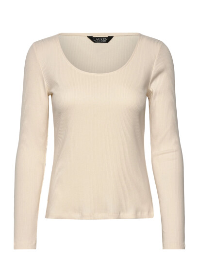 Lauren Ralph Lauren Rib-Knit Long-Sleeve Scoopneck Tee - Cream - S