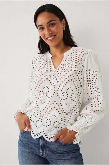 Ellos Collection Bluse med broderie anglaise Hvit