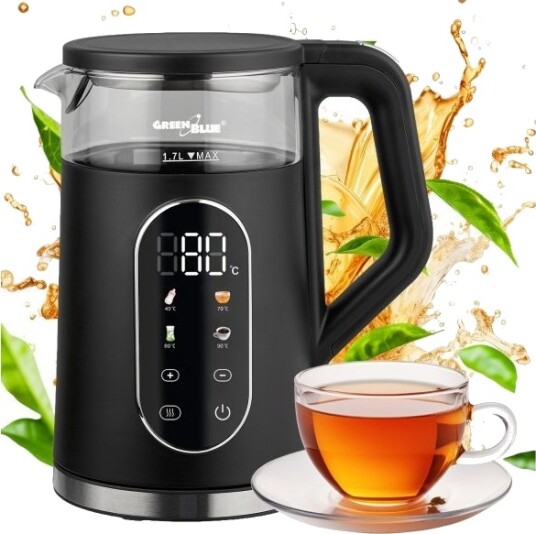 Greenblue Trådløs Elkjele 1,7 L Glassbeholder Tydelig Temperaturvalg 2200W Gb670 B