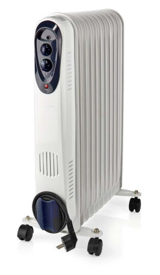 Nedis Mobil Oil Radiator1000 / 1500, 2500 W, 11 Finner, Justerbar termostat, 3 Varmeinnstillinger, Veltebeskyttelse, Hvit