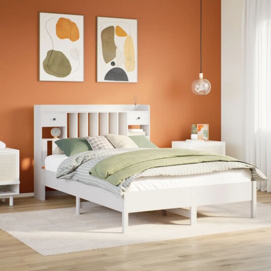  Seng med bokhylle uten madrass hvit 135x190 cm heltre furu 8721158617125