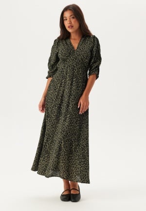 BUBBLEROOM Ruched Sleeve Midi Dress Green/Patterned XL