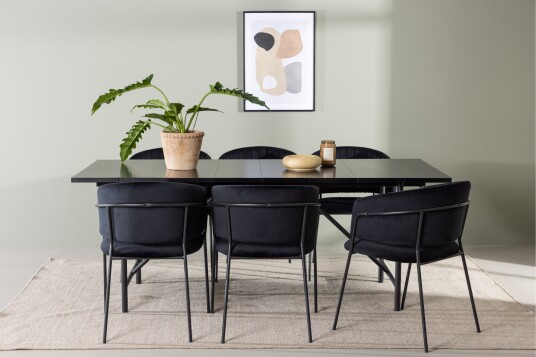 Venture Home Astrid Spisegruppe 200 cm Rektangulær med 6 Selma Stoler Sort