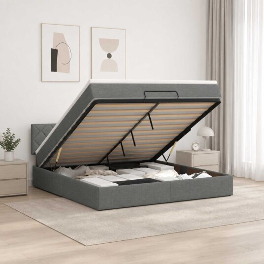 vidaXL Ottoman Seng med Madrass og LED Mørkegrå 140 x 190 cm Stoff