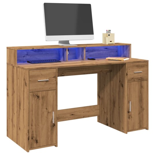 Skrivebord med LED-lys artisan eik 140x55x91 cm konstruert tre