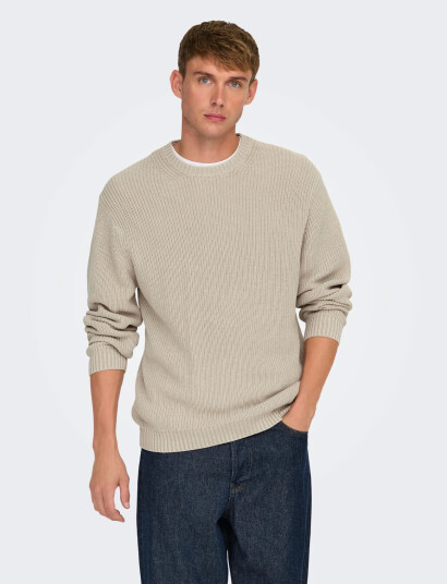 ONLY & SONS Onsrosu Reg 7 Wash Crew Knit Ww   Beige   XS