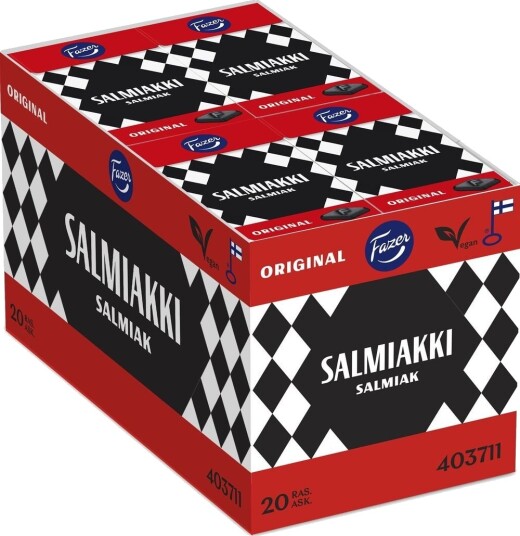 20 stk Fazer Salmiakki   Pastilleske med Salmiakk/Lakris Pastiller   Hel Eske 0,8 kg