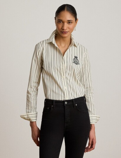 Lauren Ralph Lauren Classic Fit Striped Cotton Dobby Shirt Cream L