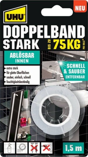 Uhu Monteringsklebebånd Stark, Dobbeltsidig, Opptil 75 Kg, Hvit Ekstra Sterk, Alternativ Til Skruer & Spiker, Holder Permanent - 1 Stk (46890)