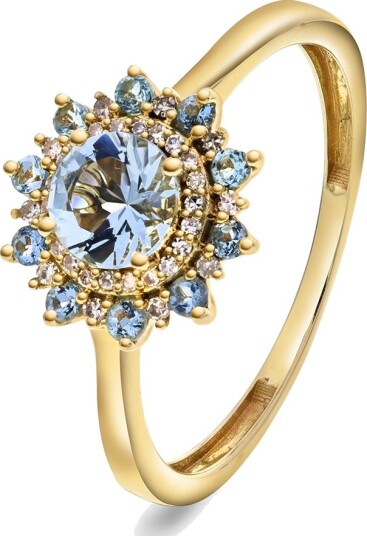 Pan Jewelry, Ring i 585 gult gull med diamanter 0,07 ct og aquamarin stener, størrelse 60
