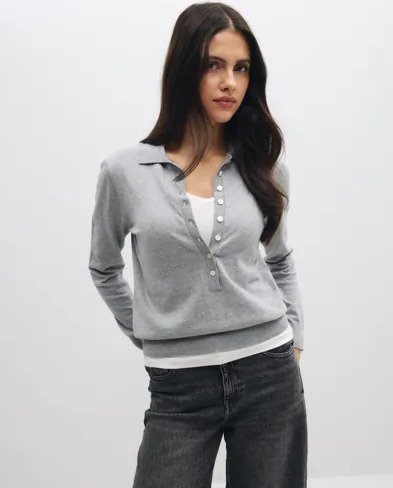 Nelly - Grå - Fine Knit Button Collar Sweater