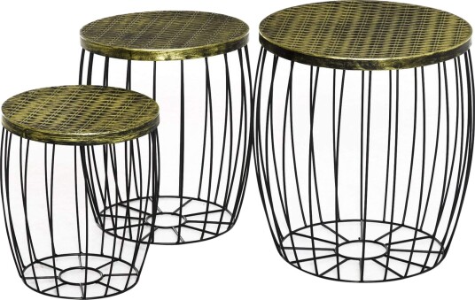 Sett med 3 retro sidebord i metall og tre
