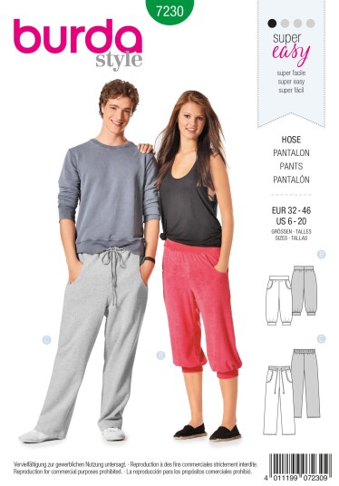 Burda 7230 - Unisex joggebukse EUR: 32-46, US: 6-20