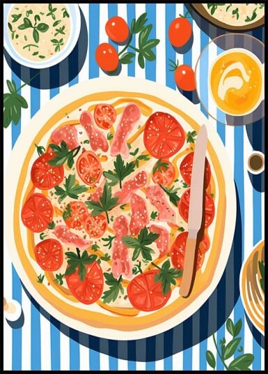 Italian Pizza Tomato Parsley Topping Striped Table Plakat Plakat / 100x150cm