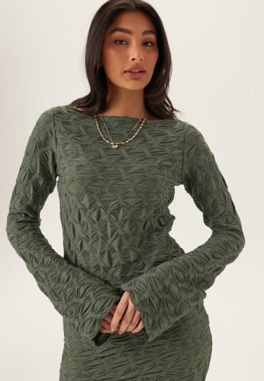 Bubbleroom Structure Long Sleeve Midi Dress Khaki green XS